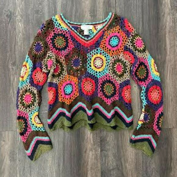 Express Tricot Sweaters - Vintage Express Tricot Open Knit Sweater Bright Floral Patchwork V-Neck Size Lg